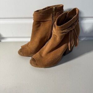 Steve Madden Baine Peep Toe Ankle Boots Suede Tan Block Heel Women's 7.5M
